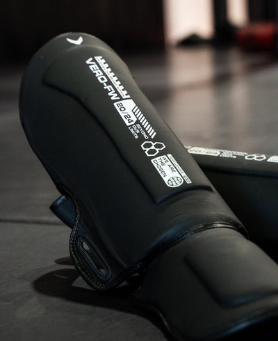VERO Apex Shin Guards in black — real leather MMA and Muay Thai shin protection — view 4