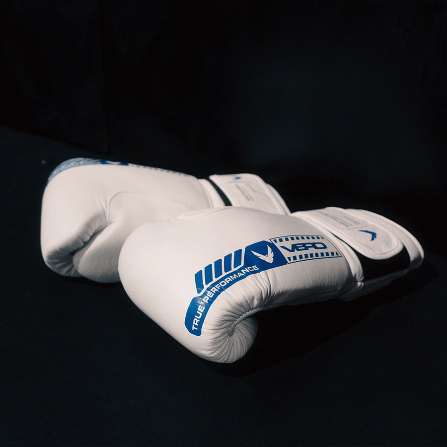 VERO Counter-Series leather boxing gloves in white and blue — sparring and MMA training